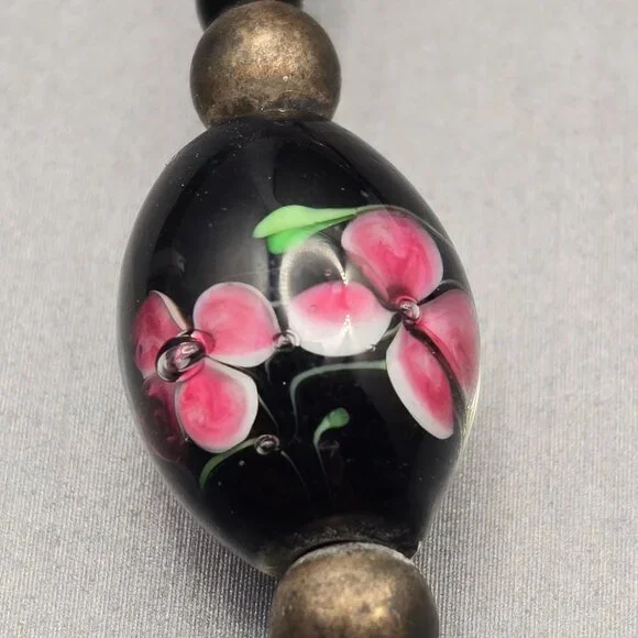 VTG Hand-Blown Lampwork Glass Bead Necklace 16" Floral Motifs Mixed Media - Picture 3 of 12